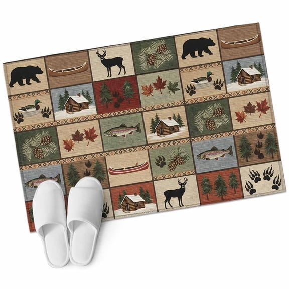 Farmhouse Buffalo Plaid Bathroom Rug Washable 2x3 Entryway Rug Non Slip Beige Cabin Elk Forest Front Door Mat Low Pile Indoor Doormat Throw Floor Carpet for Kitchen Bedroom Entrance
