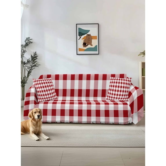 Farmhouse Buffalo Plaid Couch Cover for Dogs, Red White Checkered Washable Sofa Covers Slipcover for Pets Dogs Futon Cover, Couch Recliner Covers, Oversized Chair Slipcover 71"x91"