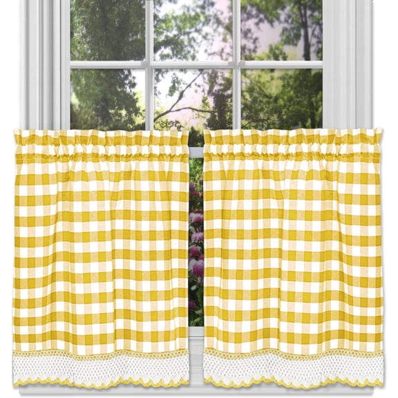 Farmhouse Buffalo Plaid Curtains for Kitchen & Home Decor, Gingham Checkered Valance & Tier Pair, 60% Poly/40% Cotton, Yellow 24"