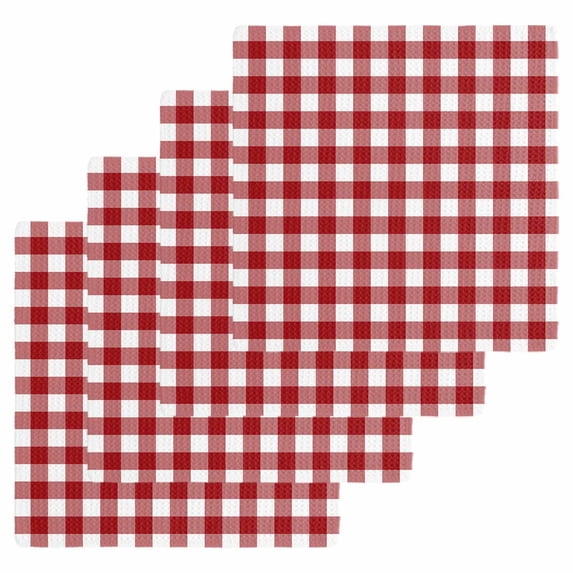 Farmhouse Buffalo Plaid Dish Towels Set, Waffle Weave Kitchen Towels 4 Pieces, Red White Checkered Microfiber Hair Face Bath Tea Towel Absorbent Quick Drying Cleaning Dish Cloths 12"x12"