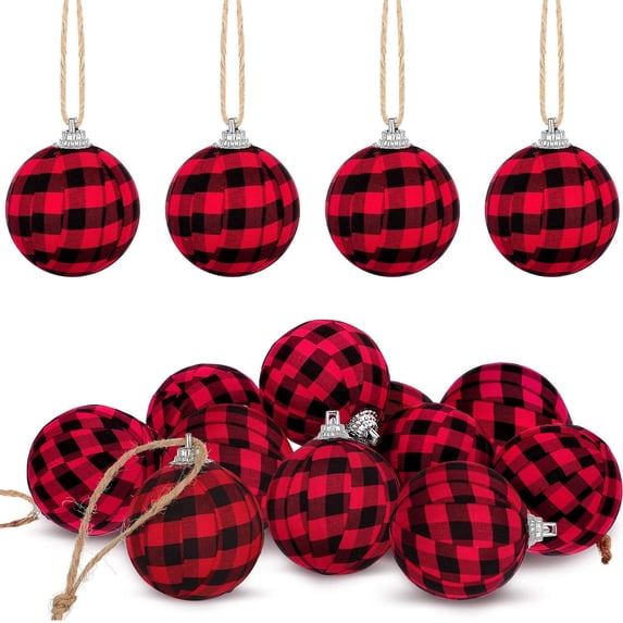 Farmhouse Buffalo Plaid Fabric Ball Ornament Decorative Plaid Ball Ornaments Hanging Ornament for Farmhouse Decoration Supplies (White and Black,12 Pieces)