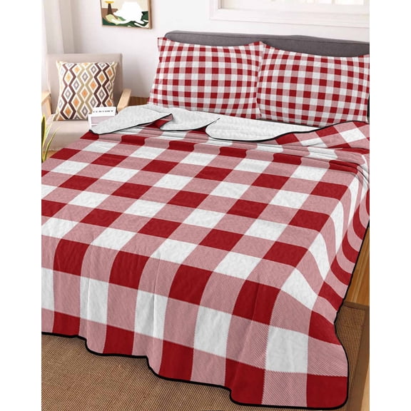 Farmhouse Buffalo Plaid Full Size Down Alternative Comforter, Lightweight Comforter Quilt Bedding Set with Pillow Shams Red White Checkered All Seasons Bed Comforter Duvet Insert 78"x90"