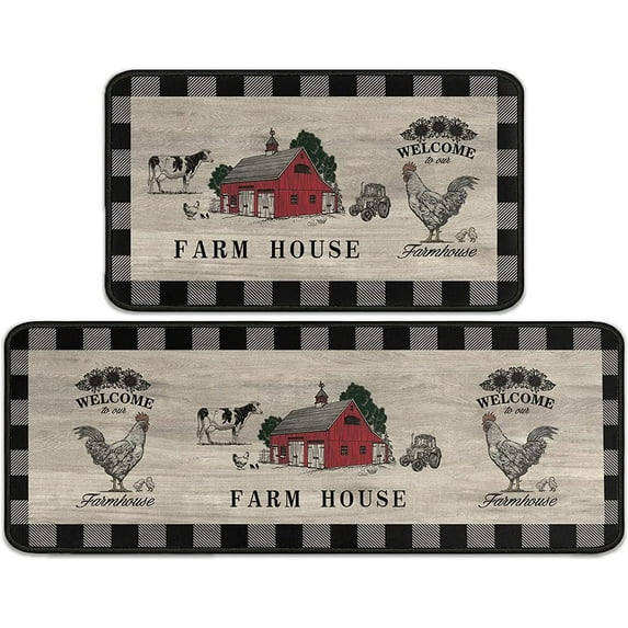 Farmhouse Buffalo Plaid Kitchen Rugs Rustic Decor Cow Set of 2, Black and Grey Washable Runner Rug Decoration Farmhouse Kitchen Mat 17"x 47"+17"x 30"