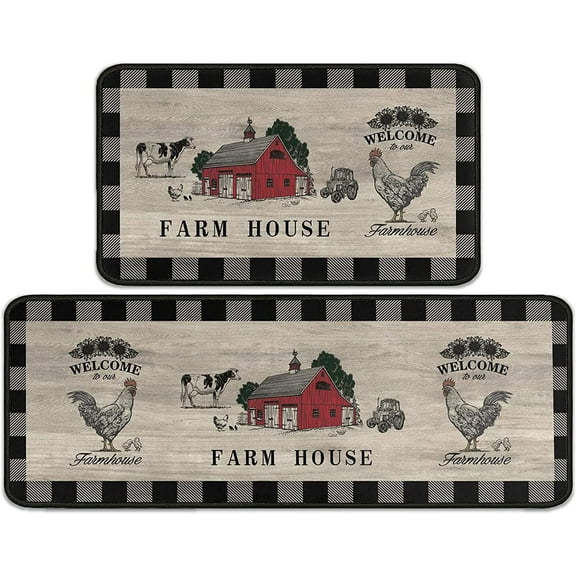 Farmhouse Buffalo Plaid Kitchen Rugs Rustic Decor Cow Set of 2, Black and Grey Washable Runner Rug Decoration Farmhouse Kitchen Mat 17"x47"+17"x30"