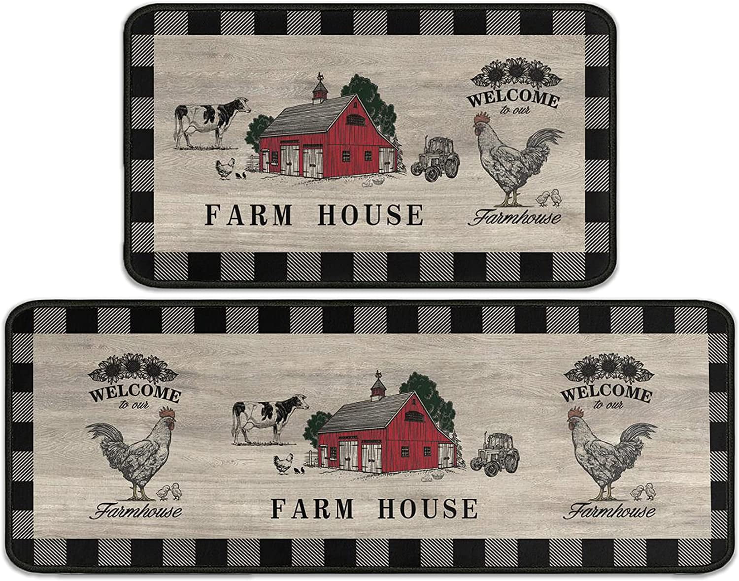 Farmhouse Buffalo Plaid Kitchen Rugs Rustic Decor Cow Set of 2, Black