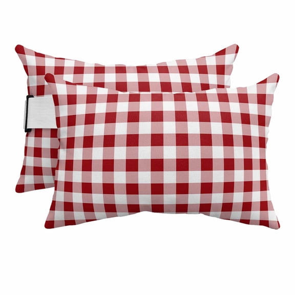 Farmhouse Buffalo Plaid Outdoor Pillows for Chaise Lounge Chair Beach Headrest Pillow Set of 2 Waterproof Lumbar Pillows with Insert&Adjustable Strap Red White Checkered Pillow for Patio Pool 12"x20"