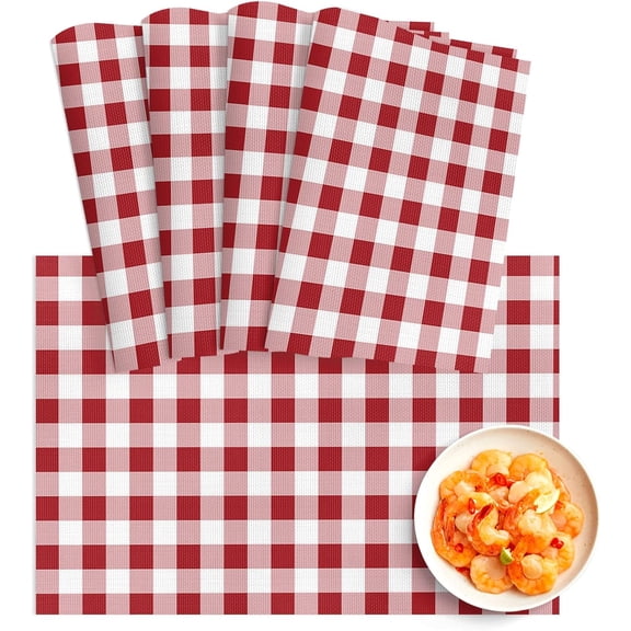 Farmhouse Buffalo Plaid PVC Placemats Set of 4 for Dining Table, Washable Wipeable Vinyl Table Mats, Red White Non-Slip Place Mats Indoor for Kitchen Table Party Kids