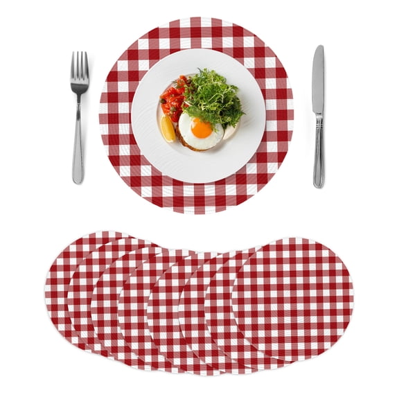 Farmhouse Buffalo Plaid Round 13 Inch Placemats Set of 8, Red White Checkered HeatResistant Non Slip Place Mats for Dining Table, Wipeable Braided Kitchen Table Mats for Housewarming
