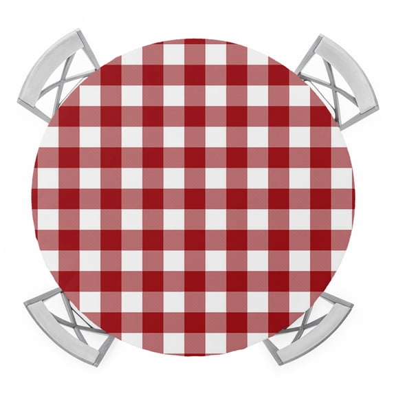 Farmhouse Buffalo Plaid Round Tablecloth for 36-44 Inch Tables, Fitted Table Cover with Elastic Edge, Red White Checkered Waterproof Outdoor Table Cloth Protector for Patio Garden Dinner Picnic