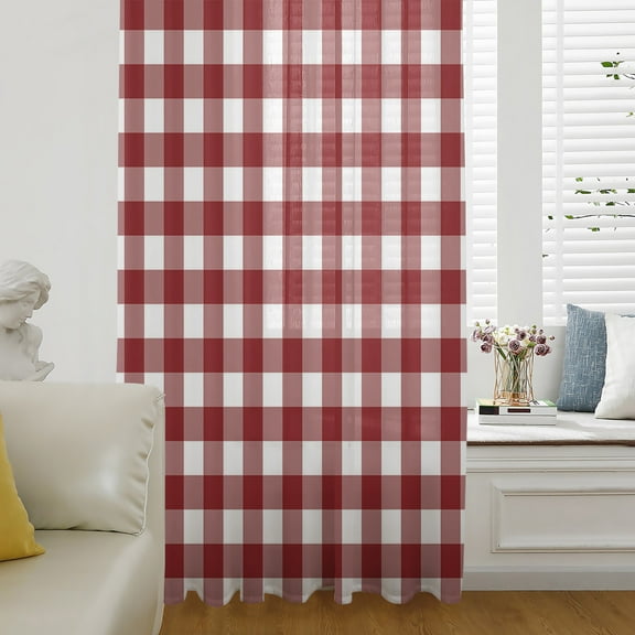 Farmhouse Buffalo Plaid Semi Sheer Curtains Drapes for Living Room, Bedroom, French Doors Window 72 Inches Long, Red White Checkered Rod Pocket Chiffon Curtain Drapery Voile Draperies Panel