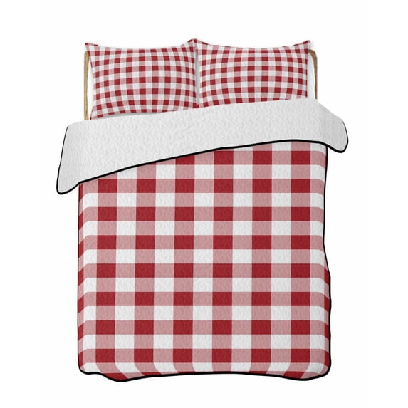 Farmhouse Buffalo Plaid Summer Quilt Set Twin XL Size, Soft Microfiber Quilted Bedding Set with 2 Pillow Shams, Red White Checkered Lightweight All Season Bedspread Coverlet for Bedroom 68"x98"