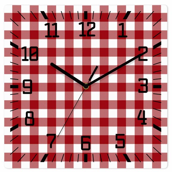 Farmhouse Buffalo Plaid Wooden Wall Clock Silent Non Ticking, Red White Checkered Square Wall Clocks Battery Operated, Decor Clock for Home Office, Living Room, Kitchen, 10 Inch