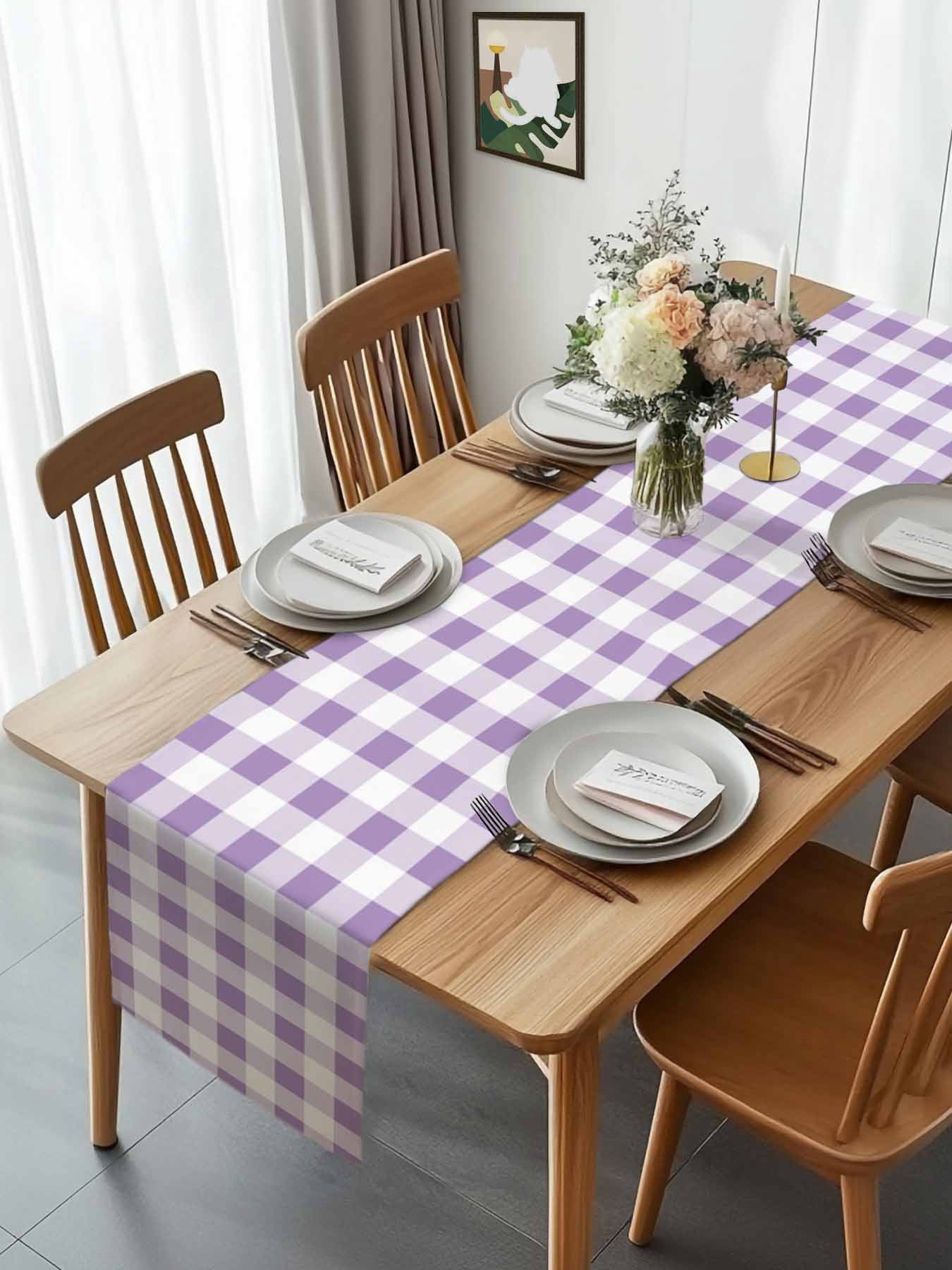 Farmhouse Buffalo Tartan Plaid Table Runner 90 Inches Long, Purple and White Table Runners Tabletop Scarf Kitchen Dining Tables Decoration for Home Party Indoor Outdoor