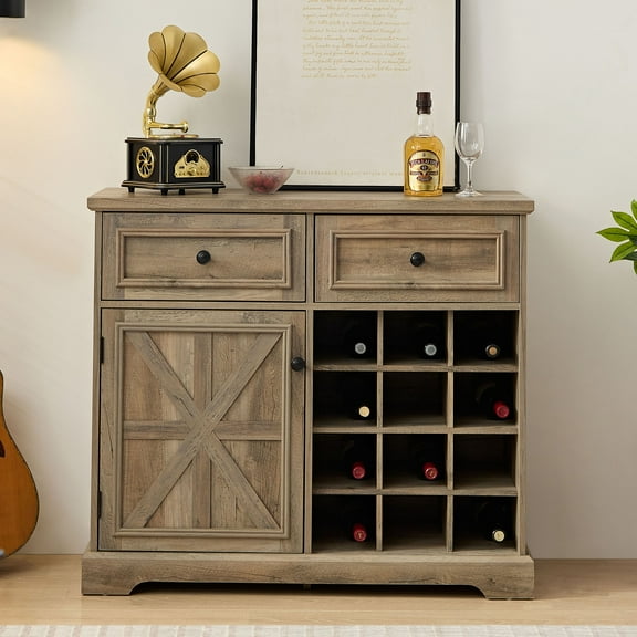 Farmhouse Buffet Cabinet with 2 Drawers and Barn Door, Storage Sideboard, Wine Cooler with Removable Wine Rack, Liquor Coffee Bar Cupboard for Kitchen, Dining Room