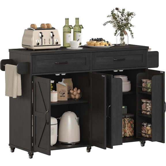 Farmhouse Buffet Cabinet with 2 Drawers and Charging Station, Mobile Kitchen Island with Spice Rack and Towel Rack, Kitchen Island Cart, Home Bar Carts with Storage,Blcak