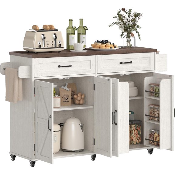 Farmhouse Buffet Cabinet with 2 Drawers and Charging Station, Mobile Kitchen Island with Spice Rack and Towel Rack, Kitchen Island Cart, Home Bar Carts with Storage,White