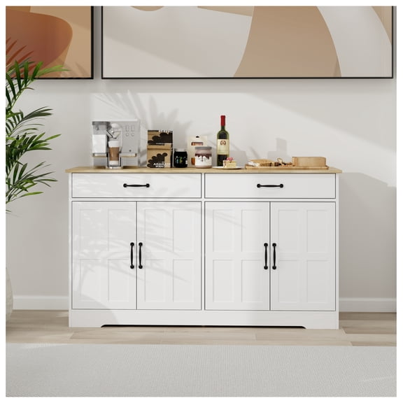 Farmhouse Buffet Cabinet - 55.91" White Sideboard - 2 Drawers, 4 Doors - Kitchen Dining Room Storage