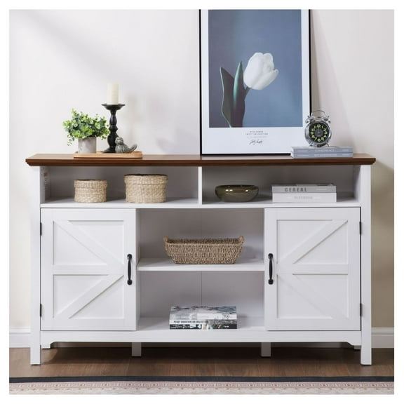Farmhouse Buffet Cabinet, 58" Kitchen Sideboard with Barn Doors, Antique White Coffee Bar for Dining & Living Room MDF+Metal
