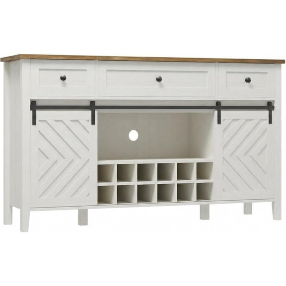 Farmhouse Buffet Cabinet, 59'' Sideboard Cabinet with Sliding Barn Door, 3 Drawers & Removable Wine Rack, Large Kitchen Storage Cabinet for Entryway or Dining Room, White