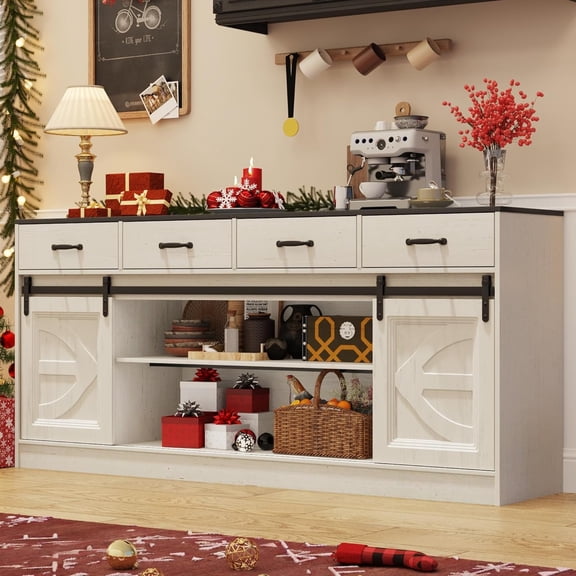 Farmhouse Buffet Cabinet, 70” Large Sideboard Cabinet with 3 Drawer, Rustic Storage Cabinets with Sliding Barn Door, Coffee Bar for Dinning Room, Kitchen, Hallway, and Living Room, Off White