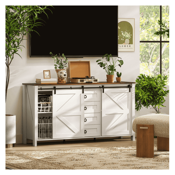 Farmhouse Buffet Cabinet with Barn Doors, Distressed Cream White Sideboard Storage, 2 Cabinets & 4 Drawers for Kitchen, Dining Room, Entryway - 59.8" Long