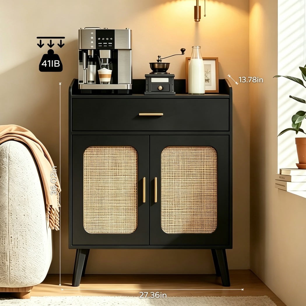 Farmhouse Buffet Cabinet, Kitchen Storage Cabinet with 1 Drawer & 2 Doors, Sideboard Cabinet with Solid Wood Feet for Dining Room, Living Room & Entryway, Black