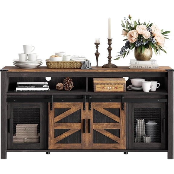 Farmhouse Buffet Cabinet, Rustic Sideboard with Sliding Barn Doors, 59" Coffee Bar Storage Cabinet with Mesh Doors, Cupboard Table for Kitchen, Dining Room, Living RoomAntique Black & Brown