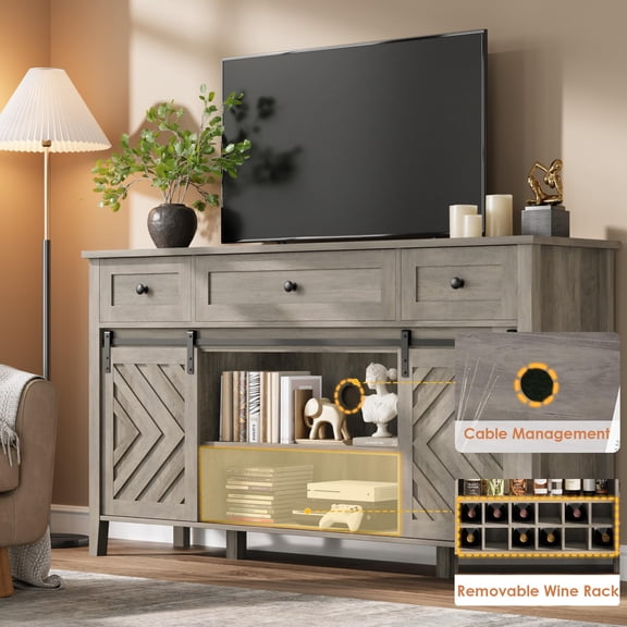 Farmhouse Buffet Cabinet with Sliding Barn Door - Rustic Wood Sideboard - 3 Drawers, Adjustable Shelf, Removable Wine Rack - Storage for Dining Room, Kitchen, Living Room - Vintage Gray, 1.5m