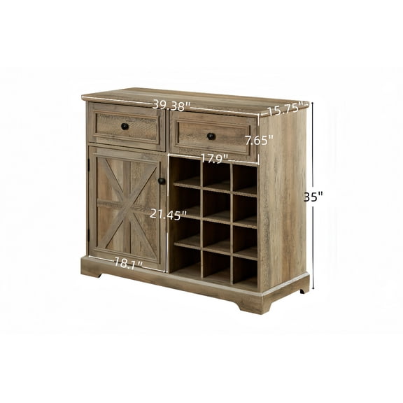 Farmhouse Buffet Cabinet With Storage Sideboard With 2 Drawers, Wine Bar Cabinet With Removable Wine Racks Storage Shelves, Liquor Coffee Bar Cupboard For Kitchen, Dining Room, Gray