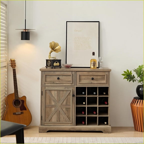 Farmhouse Buffet Cabinet with 2 Drawers & Wine Racks, Gray Wash Sideboard | 39.4x15.8x34.7 | MDF Construction