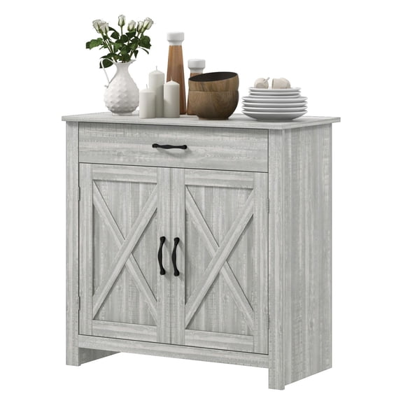 Farmhouse Buffet Cabinet with Barn Doors - Stone Gray Kitchen Sideboard - Adjustable Shelf & Drawer - Living Room, Dining Room Storage