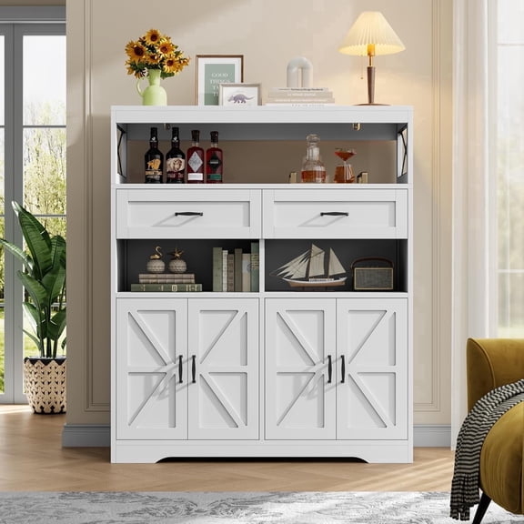 Farmhouse Buffet Cabinet with Barn Doors and Adjustable Shelves, Large Kitchen Storage Sideboard for Coffee Bar, Entryway Console (White)
