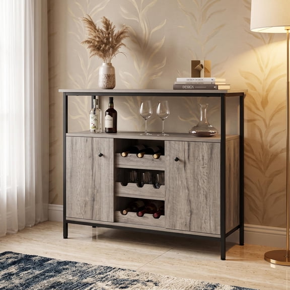 Farmhouse Buffet Cabinet with Wine Rack & Adjustable Shelves, Rustic Gray Sideboard, Dining Room Coffee Bar Storage Cabinet for Kitchen