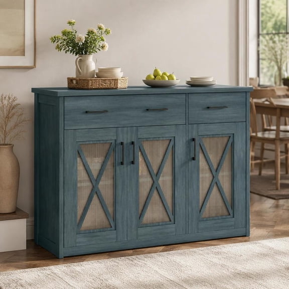 Farmhouse Buffet Sideboard, 3-Door Kitchen Storage Cabinet, 2 Drawers, Turquoise, Vintage Barn Doors