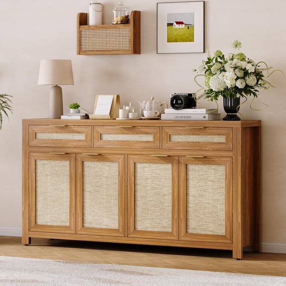 Farmhouse Buffet Sideboard Cabinet – 63in Deep Oak Storage Credenza with Rattan Accents, 3 Drawers, 4 Doors, Adjustable Shelves – Dining Room, Kitchen, Entryway Organizer – Deep Oak 1