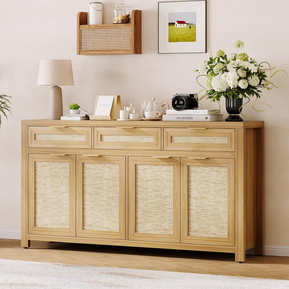 Farmhouse Buffet Sideboard Cabinet – 63in Rattan Storage Credenza with 3 Drawers, 4 Doors, Adjustable Shelves – Dining Room, Kitchen, Entryway Organizer – Light Oak 1