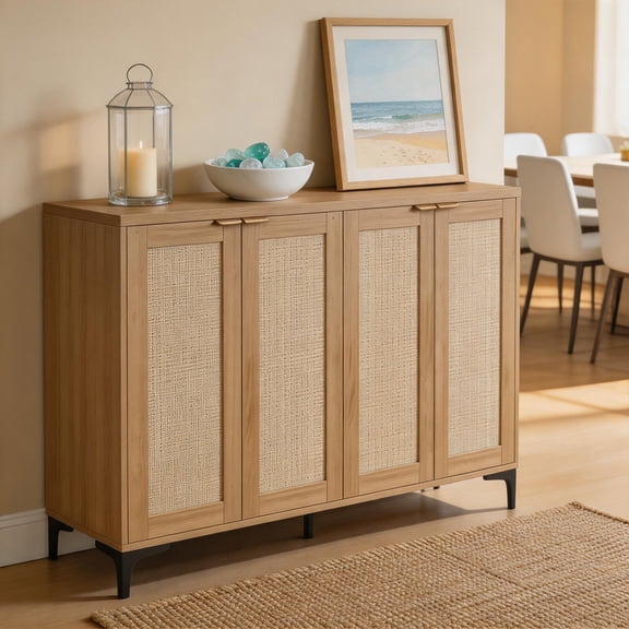 Farmhouse Buffet Sideboard,Kitchen Storage Cabinet with 4 Rattan Decorated Doors,Coffee Bar Cabinet with Adjustable Shelves ,for Living Room,Hallway,Dining room