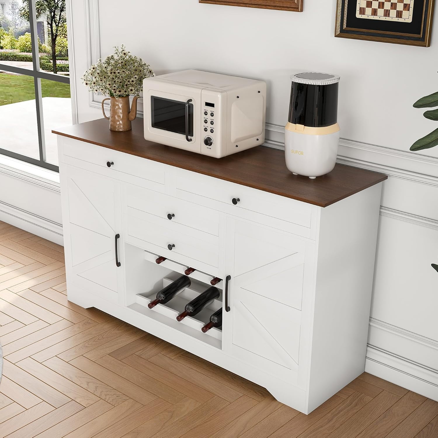 Farmhouse Buffet Sideboard with Storage Cabinet & Adjustable Shelf ...