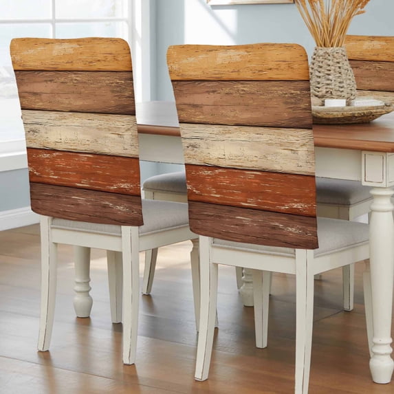 Farmhouse Burnt Orange Brown Chair Back Covers, Vintage Wooden Striped Removable Chair Covers for Dining Chairs Set of 4, Washable Chairs Slipcovers Back Seat Protector for Wedding Party 19"x20"