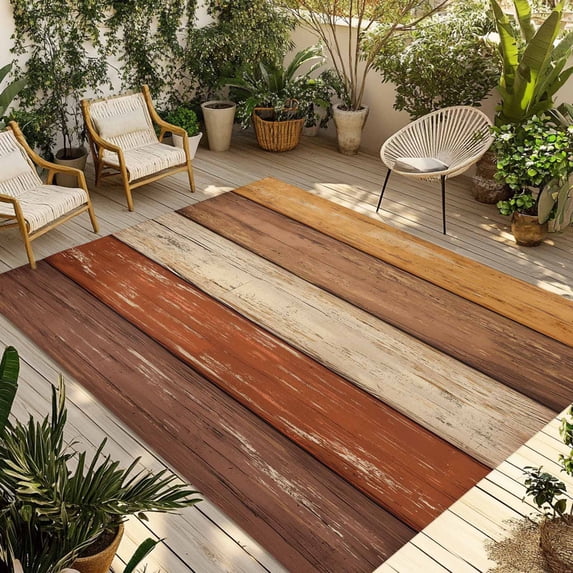 Farmhouse Burnt Orange Brown Outdoor Rug for Patio/Deck/Porch, Non-Slip Large Area Rug 6 x 9 Ft, Vintage Wooden Striped Indoor Outdoor Rugs Washable Area Rugs, Reversible Camping Rug Carpet Runner
