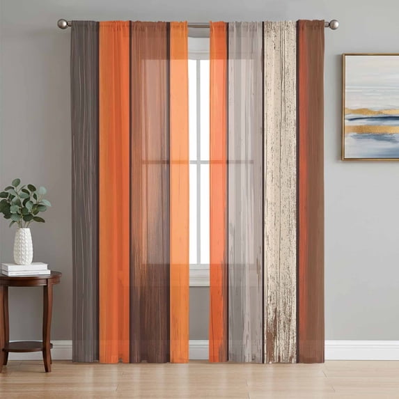 Farmhouse Burnt Orange Brown Sheer Curtains 108 Inch Length 2 Panels Set, Vintage Wooden Voile Window Treatment Semi Sheer Long Curtains Drapes for Bedroom/Living Room/Kitchen 52"x108"x2