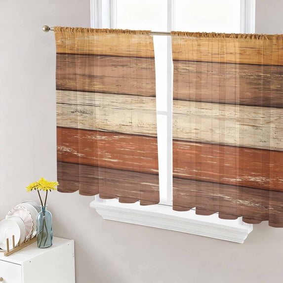 Farmhouse Burnt Orange Brown Sheer Curtains 45 Inch Length 2 Panels Set Window Treatments, Vintage Wooden Striped Rod Pocket Semi Curtains for Living Room/Bedroom/Kitchen Décor, 104"W x 45"L