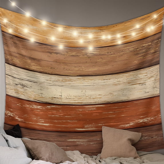 Farmhouse Burnt Orange Brown Tapestry for Bedroom Wall Hanging Tapestry, Vintage Wooden Striped Ceiling Backdrop Tapestries Poster Blanket Wall Decor for Teens Room Living Room Dorm 51" x 59"