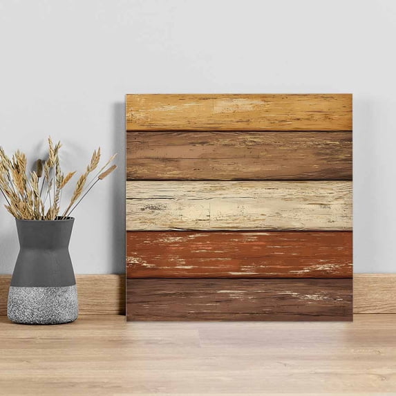 Farmhouse Burnt Orange Brown Wall Art Painting on Canvas, Vintage Wooden Striped Canvas Art Home Prints Wall Art Framed Modern Artwork for Living Room Bedroom Wall Decor 20x20in