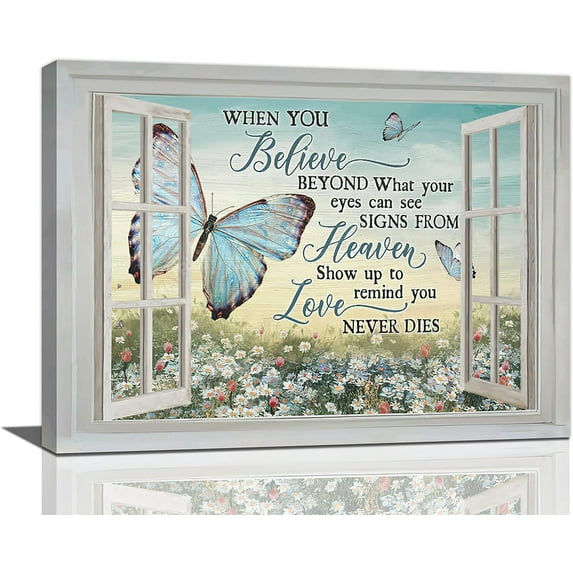 Farmhouse Butterfly Heaven Memory Decor Wall Art Sympathy Memorial Gifts Rustic Country Window Flower Pictures Wall Decor Canvas Painting Prints Artwork Framed for Bathroom Kitchen Bedroom 16"x12"