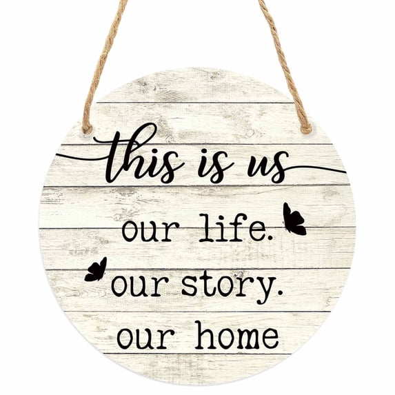 Farmhouse Butterfly Round Front Door Welcome Sign, 7.8 Inch Wall Hanging Decor for Indoor Outdoor, Rustic Retro Wooden Striped Home Porch Hanger Decorations for Holiday Gift