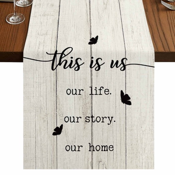 Farmhouse Butterfly Short Table Runner 48 Inches Long,Rustic Retro Wooden Striped Cotton Linen Table Runners Dresser Scarves,Fabric Tabletop Scarf Furniture Cover for Home Dinner Party Decor 13"x48"