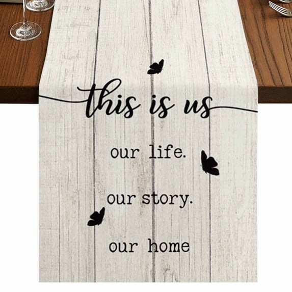 Farmhouse Butterfly Short Table Runner 48 Inches Long,Rustic Retro Wooden Striped Cotton Linen Table Runners Dresser Scarves,Fabric Tabletop Scarf Furniture Cover for Home Dinner Party Decor 13"x48"