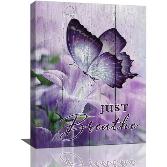Farmhouse Butterfly Wall Art Purple Bathroom Wall Decor Butterfly Lily Flower Pictures Canvas Prints Framed Modern Just Breathe Painting Artwork for Bedroom Living Room Kitchen Dining room 12"x16"