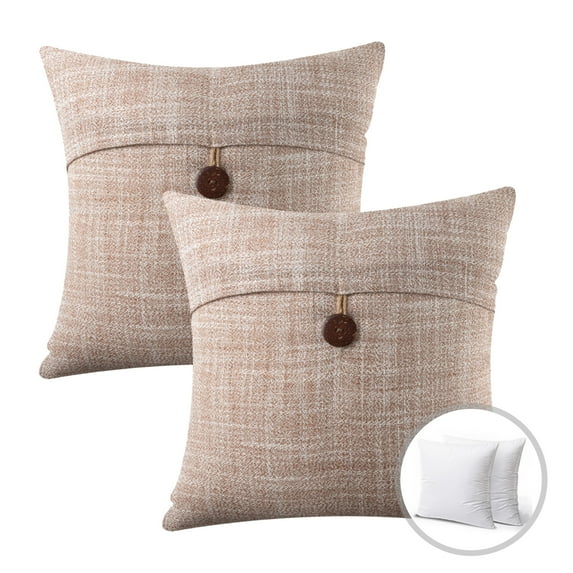Farmhouse Button Series Outdoor Decorative Throw Pillow, 18" x 18", Beige, 2 Pack